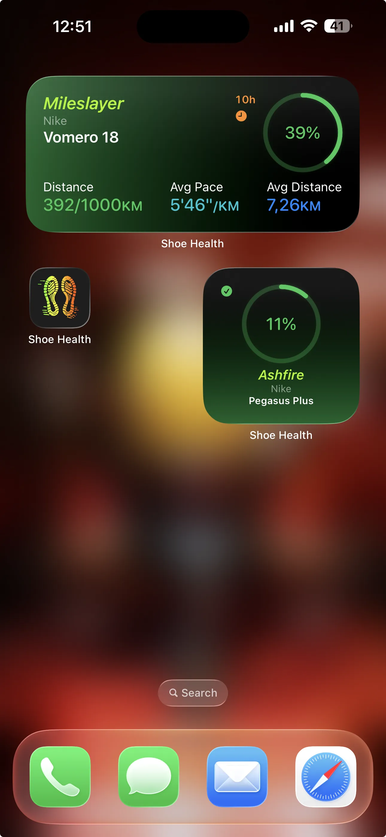 Shoe Health home screen showing medium and small widgets pinned on the iPhone Home Screen