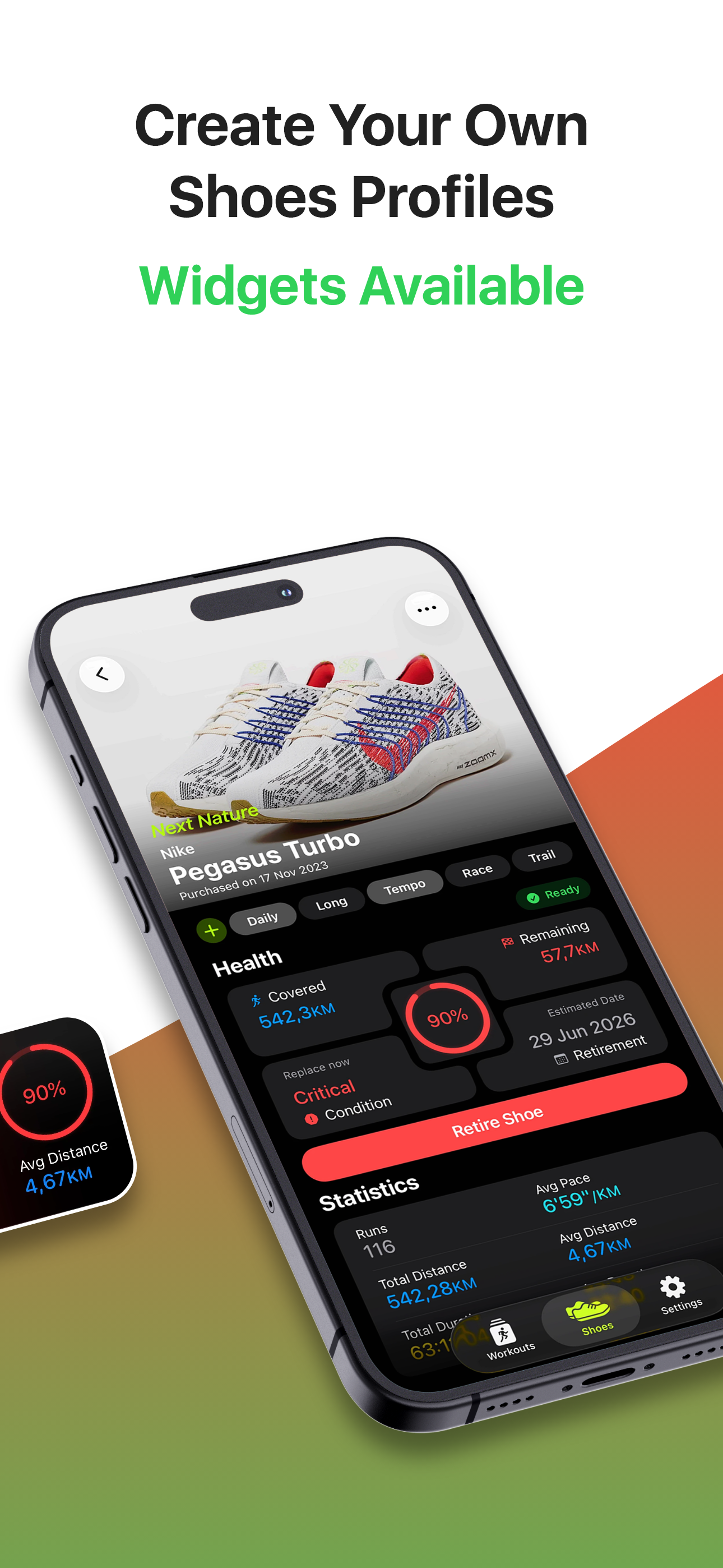 Shoe profile with widget preview and workout statistics