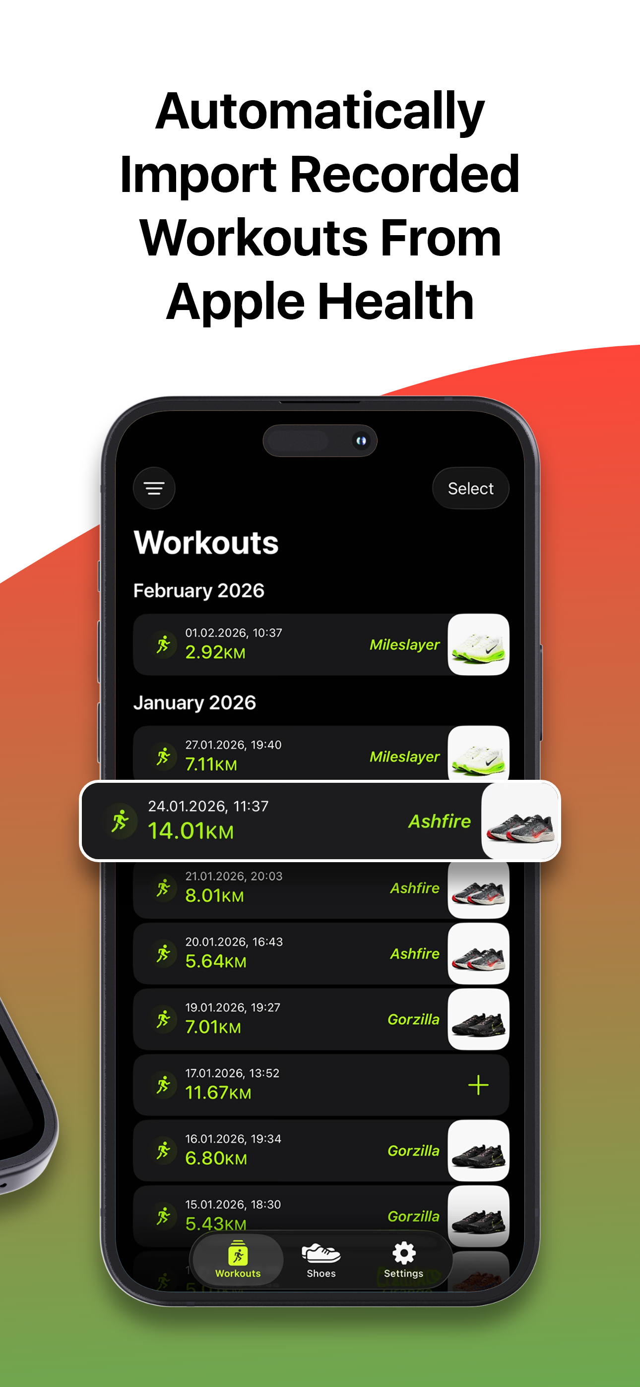 Workouts list automatically imported from Apple Health