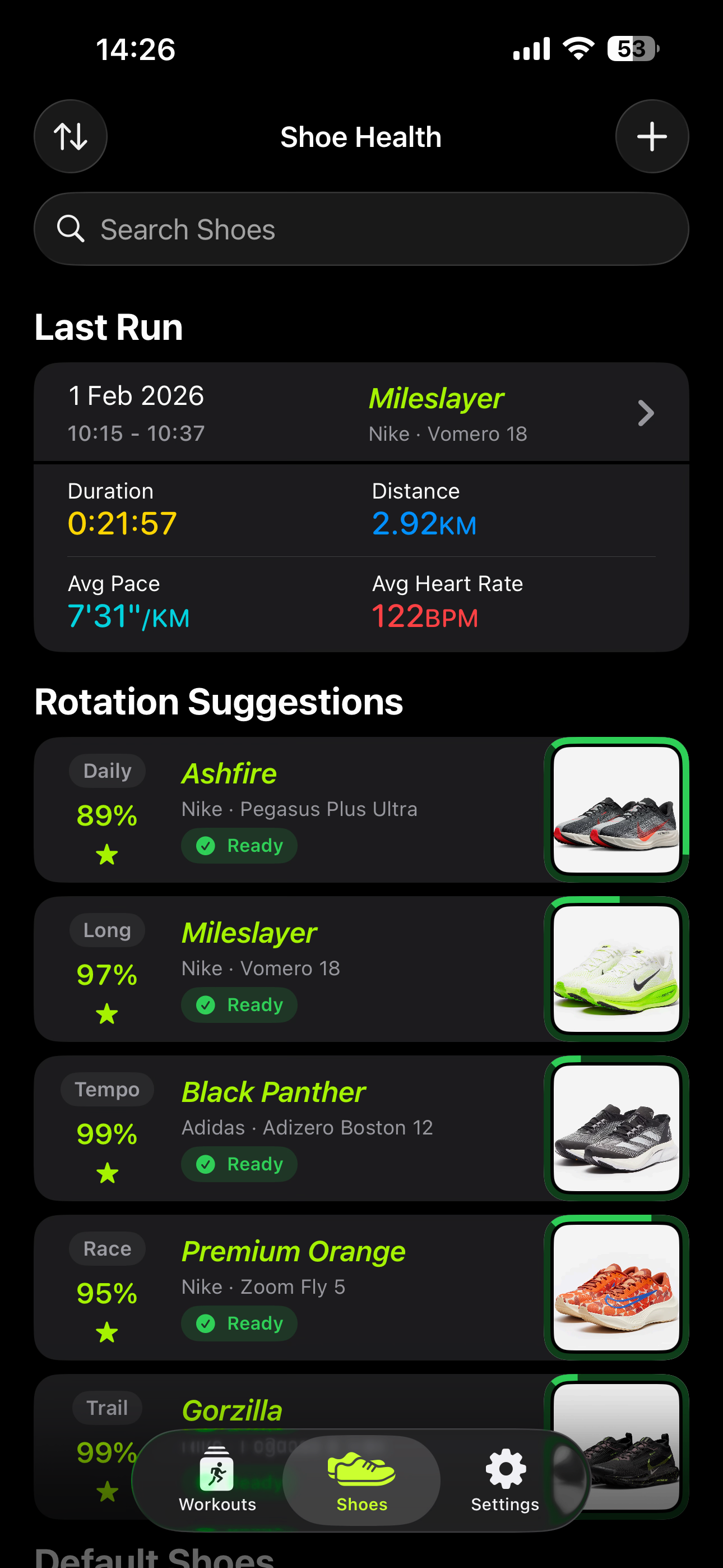Shoe Health app showing the home screen with last run summary and rotation suggestions for multiple running shoes